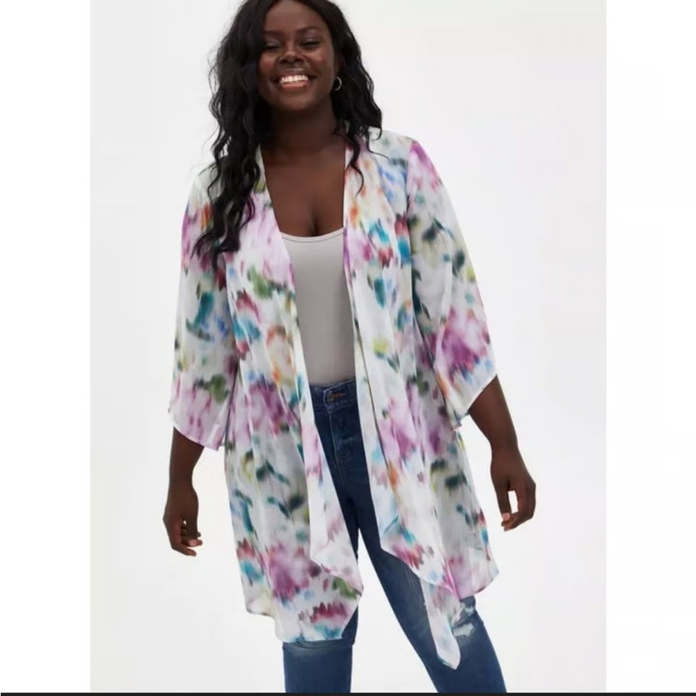 Torrid Pink and Blue Chiffon Hi-Lo Kimono